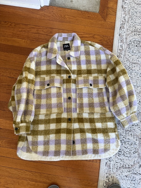 Zara Jackets & Blazers - Zara Olive Green & Lavender oversized Teddy Checked Shacket